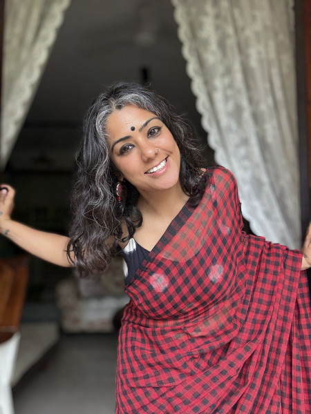 RED-BLACK GINGHAM CHECKS  MULMUL COTTON SARI