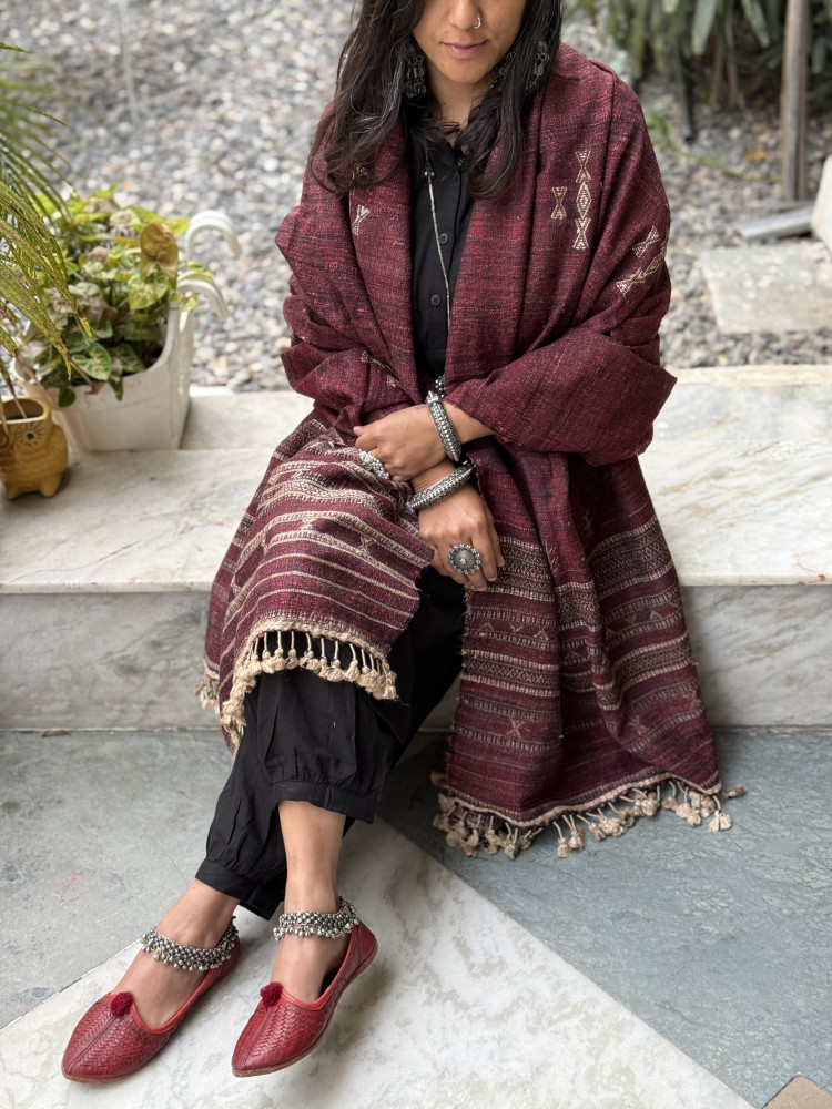 Image of MAROON SILK &amp; WOOL hand dyed woven shaWL