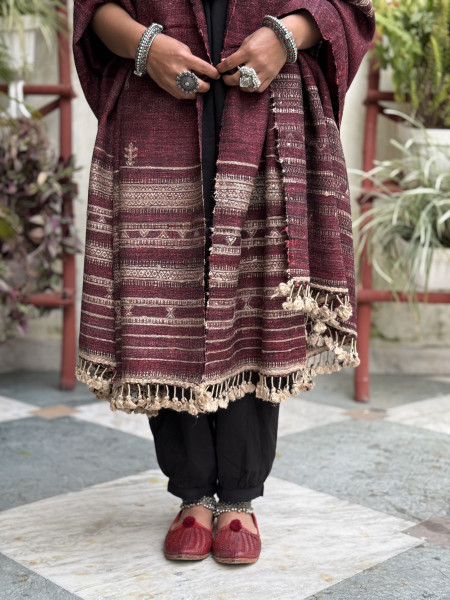 MAROON SILK & WOOL hand dyed woven shaWL