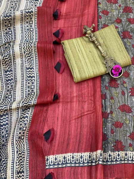 GREY-RED GHICHA SILK HAND BLOCK PRINT SARI