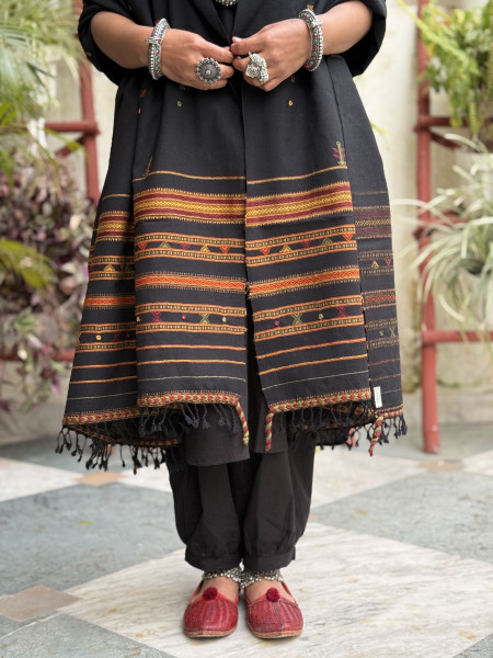 BLACK PURE WOOL hand dyed woven shaWL