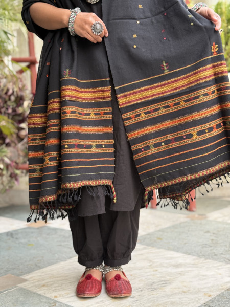 BLACK PURE WOOL hand dyed woven shaWL