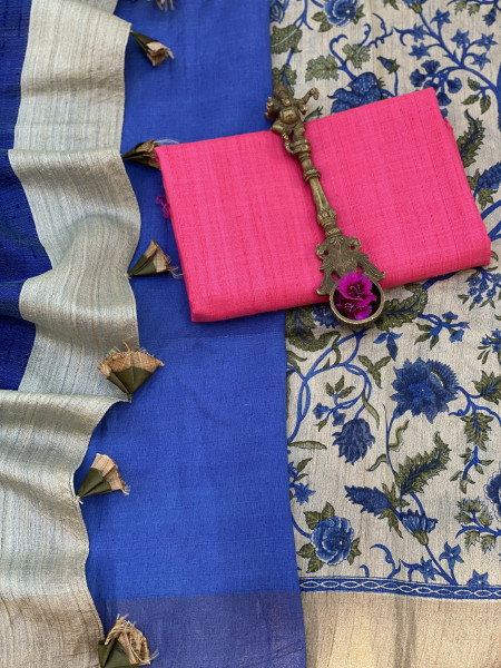 BEIGE-BLUE PRINTED TUSSAR SILK SARI