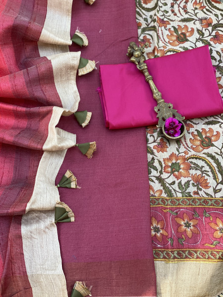 BEIGE-RED PRINTED TUSSAR SILK SARI