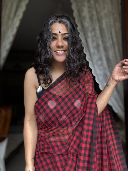 RED-BLACK GINGHAM CHECKS  MULMUL COTTON SARI
