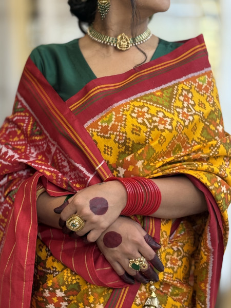 YELLOW & RED SINGLE IKKAT PATOLA  HAND WOVEN SILK SARI