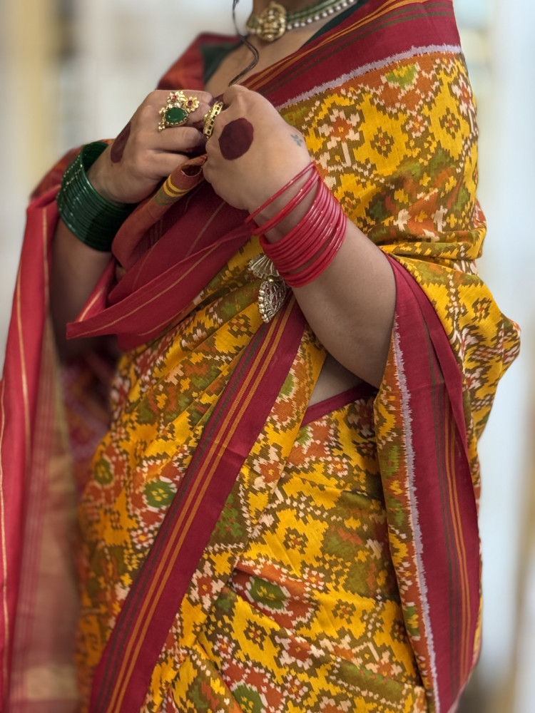 Image of YELLOW &amp; RED SINGLE IKKAT PATOLA  HAND WOVEN SILK SARI