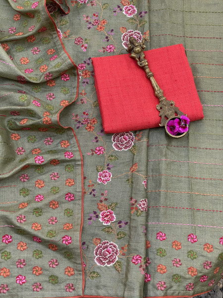 PISTA GREEN TUSSAR SILK EMBROIDERED SARI