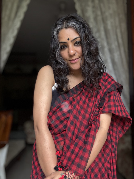 RED-BLACK GINGHAM CHECKS  MULMUL COTTON SARI