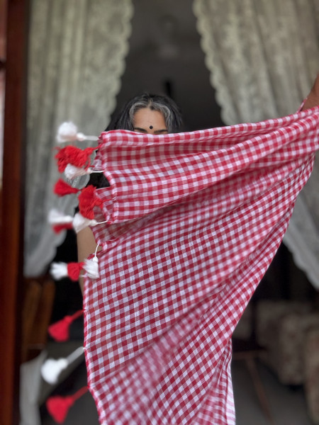 RED GINGHAM CHECKS  MULMUL COTTON SARI