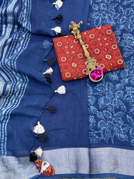 INDIGO HAND DYED DABU BLOCK PRINT LINEN WOVEN SARI
