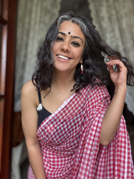 RED GINGHAM CHECKS  MULMUL COTTON SARI