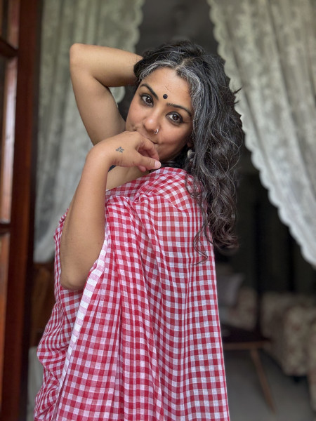 RED GINGHAM CHECKS  MULMUL COTTON SARI
