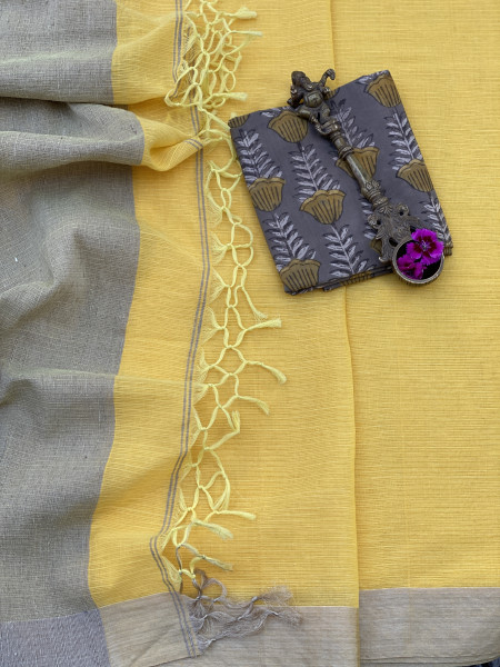 "SIDDHI" YELLOW BENGAL KHADI MUL WOVEN SARI