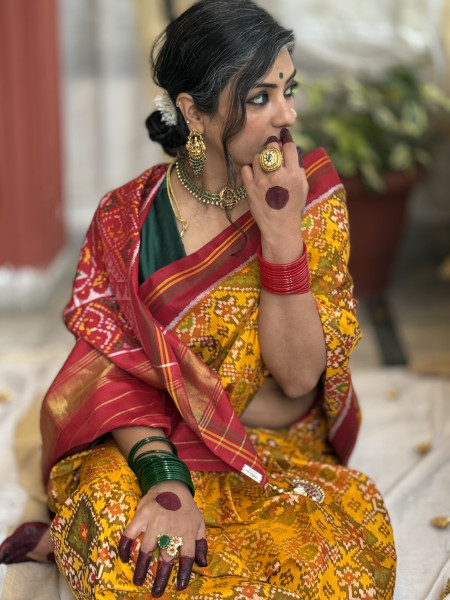 YELLOW & RED SINGLE IKKAT PATOLA  HAND WOVEN SILK SARI