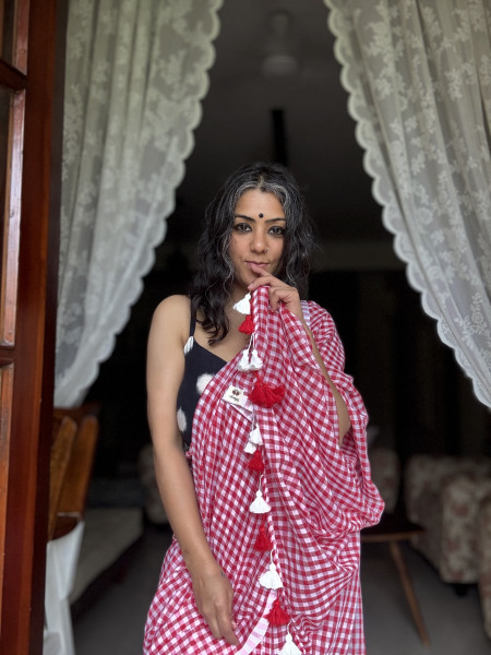 RED GINGHAM CHECKS  MULMUL COTTON SARI