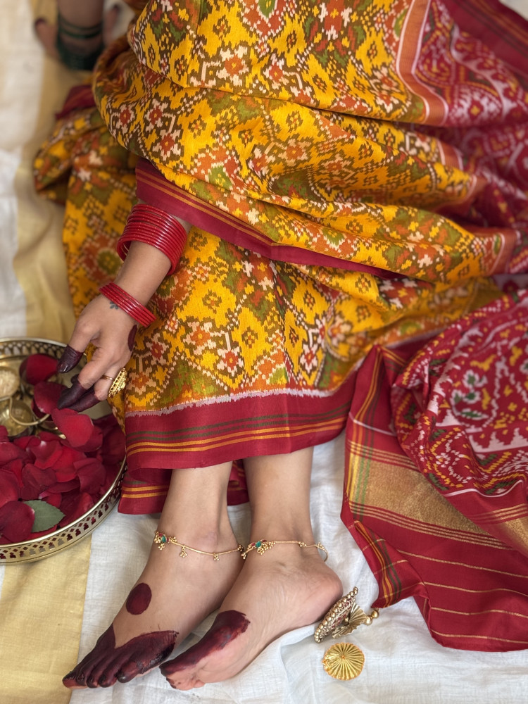 Image of YELLOW &amp; RED SINGLE IKKAT PATOLA  HAND WOVEN SILK SARI