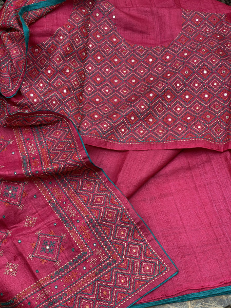MAGENTA TUSSAR SILK EMBROIDERED SARI