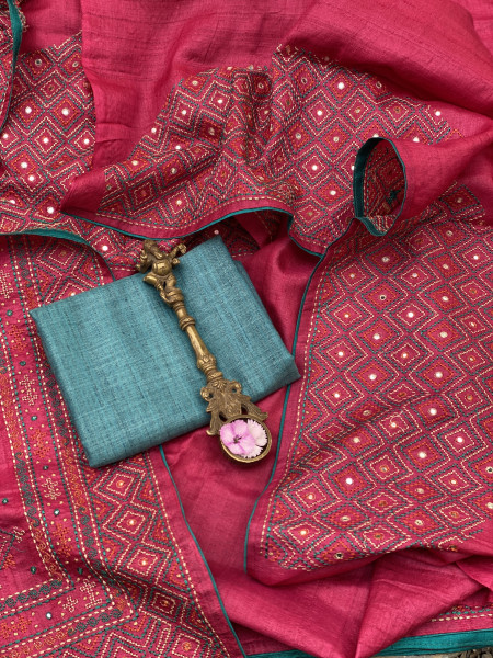 MAGENTA TUSSAR SILK EMBROIDERED SARI