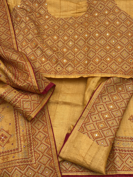 MUSTARD TUSSAR SILK EMBROIDERED SARI