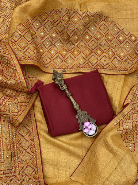 MUSTARD TUSSAR SILK EMBROIDERED SARI