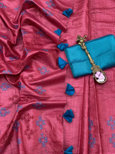 MAROON TUSSAR SILK EMBROIDERED SARI