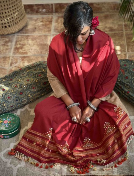 RED Pure wool hand dyed DEVRA EMBROIDERED Stole