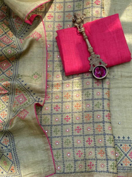 MEHNDI GREEN TUSSAR SILK EMBROIDERED SARI