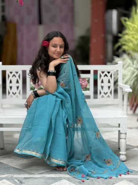AQUA KOTA COTTON HAND EMBROIDERED SARI