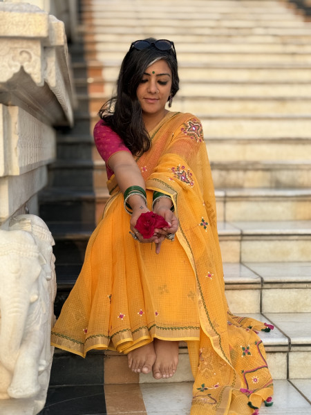 YELLOW  KOTA COTTON HAND EMBROIDERED SARI