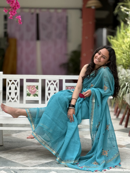 AQUA KOTA COTTON HAND EMBROIDERED SARI