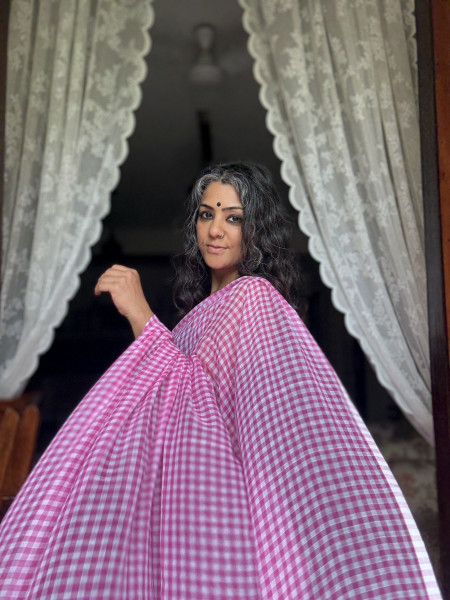PINK GINGHAM CHECKS  MULMUL COTTON SARI