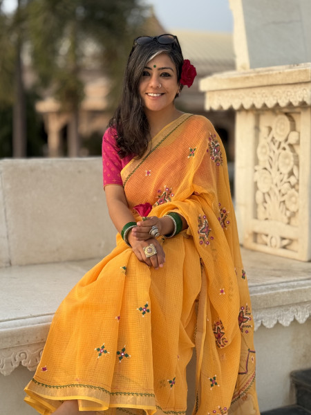 YELLOW  KOTA COTTON HAND EMBROIDERED SARI