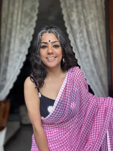 PINK GINGHAM CHECKS  MULMUL COTTON SARI