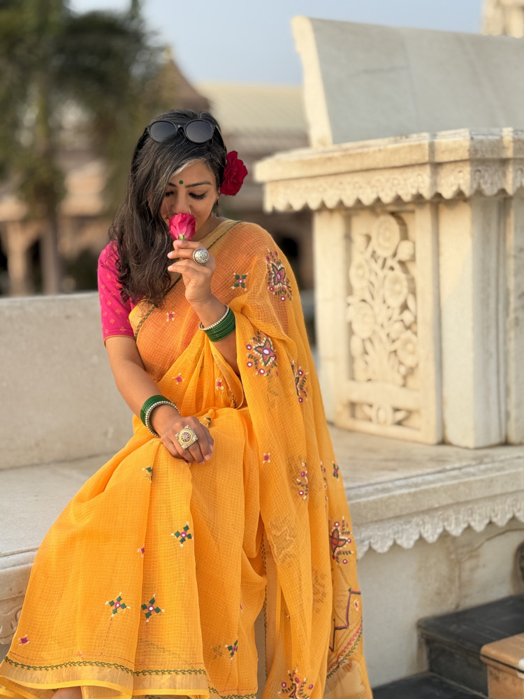 Image of YELLOW  KOTA COTTON HAND EMBROIDERED SARI