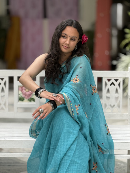 AQUA KOTA COTTON HAND EMBROIDERED SARI