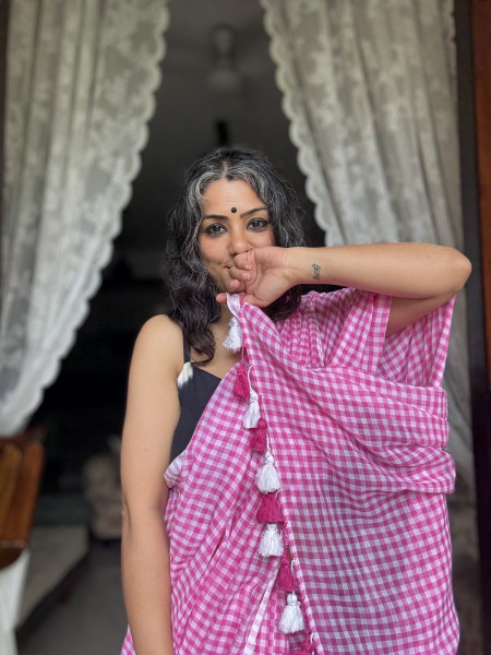 PINK GINGHAM CHECKS  MULMUL COTTON SARI
