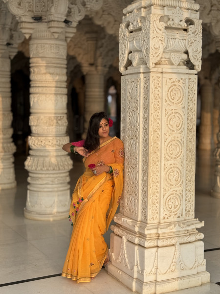YELLOW  KOTA COTTON HAND EMBROIDERED SARI