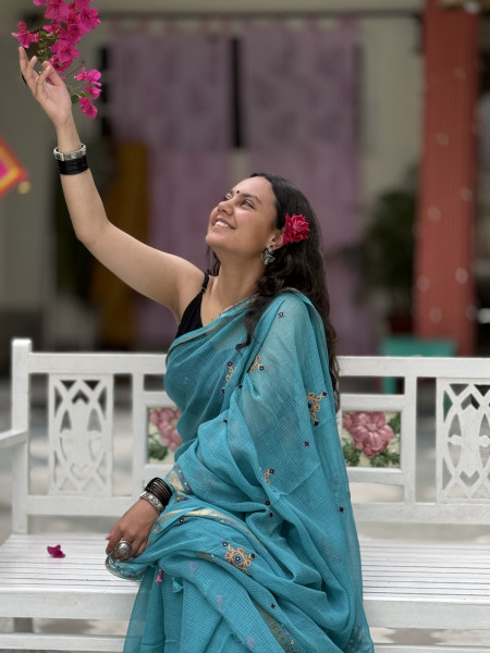 AQUA KOTA COTTON HAND EMBROIDERED SARI