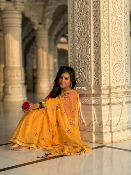 YELLOW  KOTA COTTON HAND EMBROIDERED SARI