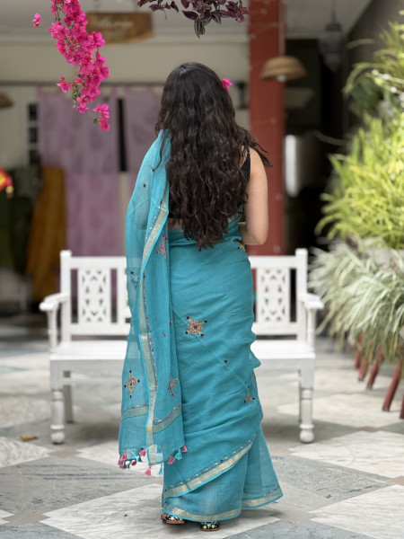 AQUA KOTA COTTON HAND EMBROIDERED SARI