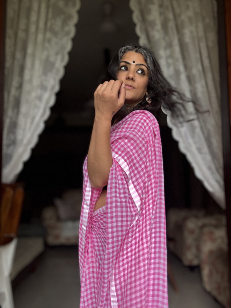 PINK GINGHAM CHECKS  MULMUL COTTON SARI