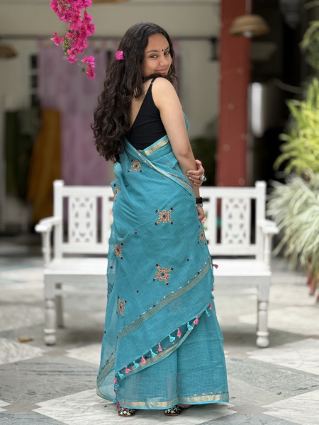 AQUA KOTA COTTON HAND EMBROIDERED SARI