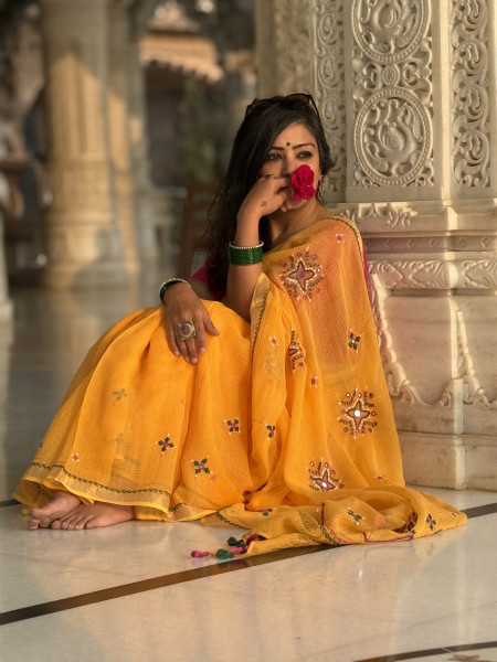 YELLOW  KOTA COTTON HAND EMBROIDERED SARI