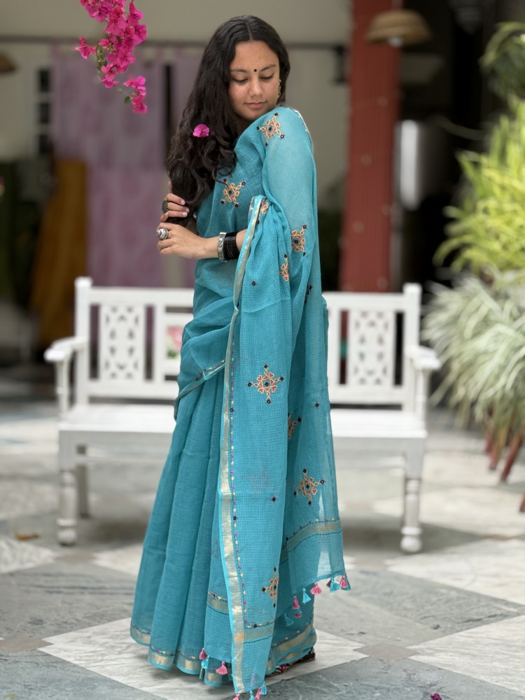 Image of AQUA KOTA COTTON HAND EMBROIDERED SARI