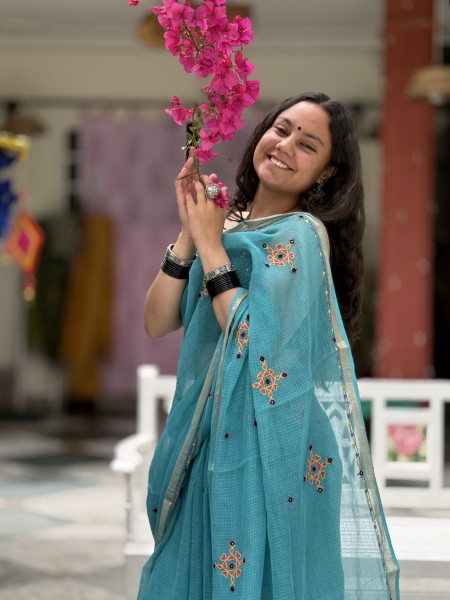 AQUA KOTA COTTON HAND EMBROIDERED SARI