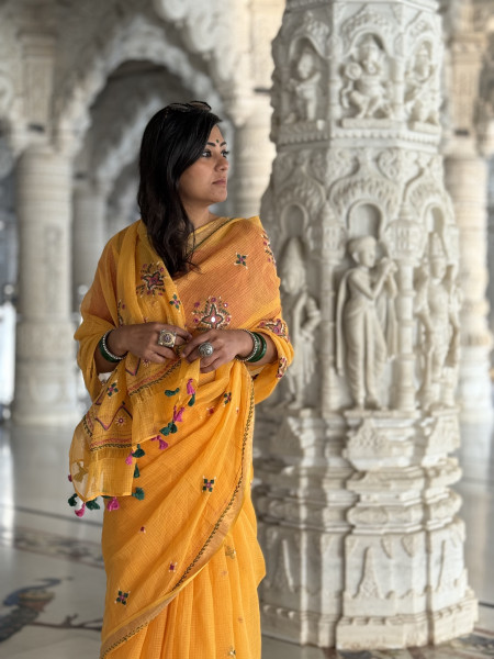 YELLOW  KOTA COTTON HAND EMBROIDERED SARI