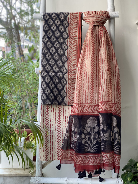 BLACK-BEIGE HAND BLOCK "BAGH" PRINT KOTA DUPATTA SET
