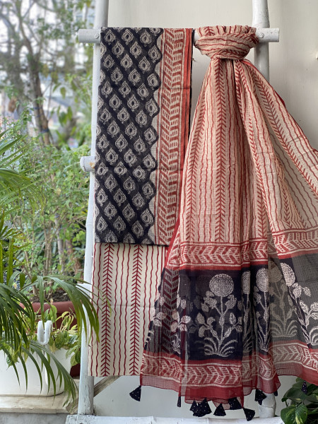 BLACK-BEIGE HAND BLOCK "BAGH" PRINT KOTA DUPATTA SET