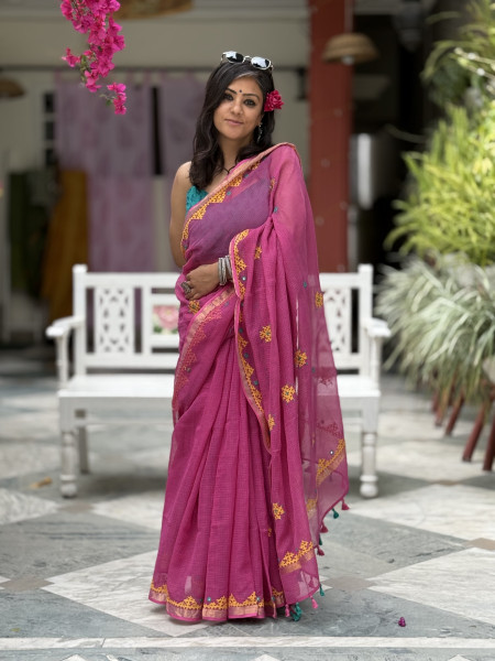 PINK KOTA COTTON HAND EMBROIDERED SARI
